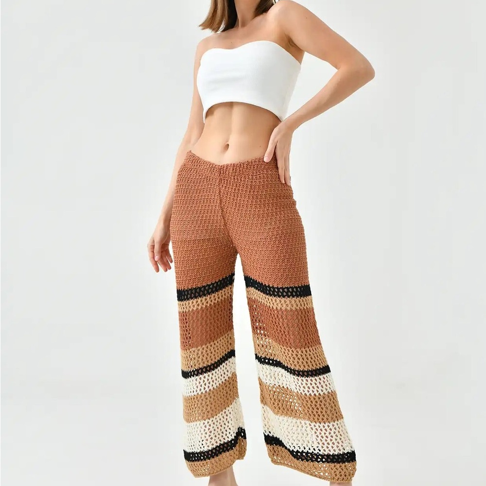 Zara Tan and Black Striped Crochet Pants